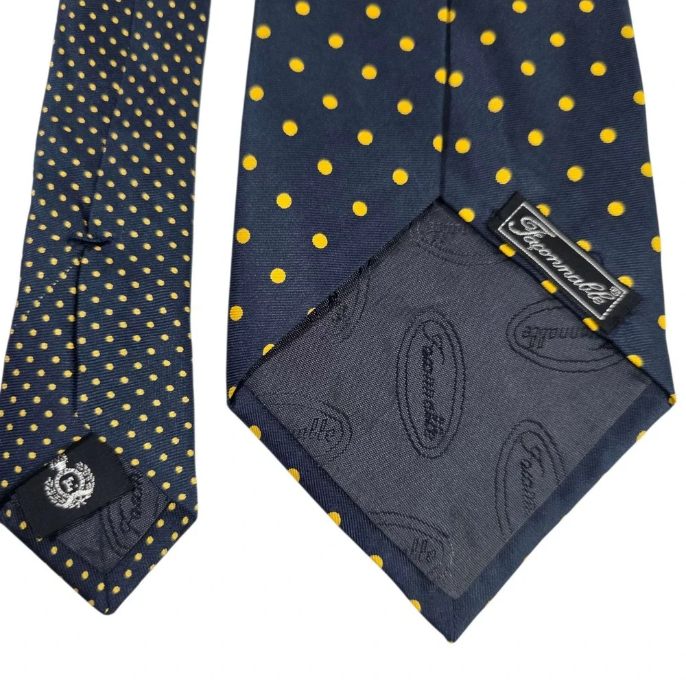 Faconnable Silk Polka Dot Necktie Navy‎ Blue Yellow Handmade Made in France